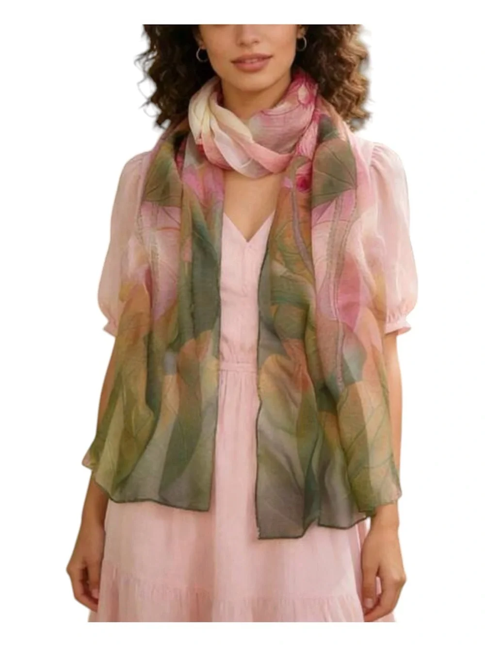 Silk Floral Watercolor Scarf in Pink and Green